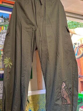 Never Fully Dressed Army Olive Green Flare Pants with custom embroidery